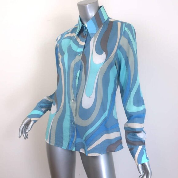 Emilio Pucci Marmo Print Shirt Blue Cotton Voile Size US 8 Long Sleeve Top - Picture 2 of 8
